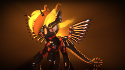 Size: 3840x2160 | Tagged: safe, artist:phoenixtm, imported from derpibooru, oc, oc:phoenix stardash, dracony, hybrid, pony, robot, robot pony, 3d, armor, dracony alicorn, looking at camera, power armor, raised hoof, robot dracony, source filmmaker, spread wings, wings