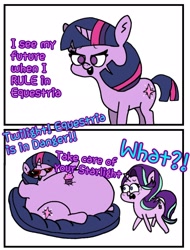 Size: 1600x2100 | Tagged: safe, artist:jlyne, imported from derpibooru, starlight glimmer, twilight sparkle, twilight sparkle (alicorn), alicorn, pony, unicorn, belly, big belly, chubby, chubby twilight, cupcake, dialogue, duo, duo female, exclamation point, fat, female, food, huge belly, impossibly large belly, interrobang, lazy, mare, morbidly obese, obese, photo, princess twilard, question mark, sunglasses, trace, twilard sparkle