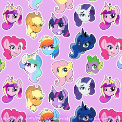 Size: 5000x5000 | Tagged: safe, artist:partylikeanartist, imported from derpibooru, applejack, fluttershy, pinkie pie, princess cadance, princess celestia, princess luna, rainbow dash, rarity, spike, twilight sparkle, alicorn, earth pony, pegasus, pony, unicorn, bedroom eyes, bust, crown, cute, diabetes, disembodied head, head only, jewelry, one eye closed, open mouth, pattern, portrait, regalia, seamless, smiling, tiara, tiled background, wink