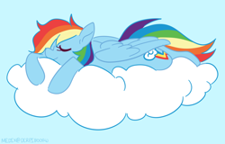 Size: 1250x800 | Tagged: safe, artist:medix, derpibooru exclusive, imported from derpibooru, rainbow dash, pegasus, pony, cloud, female, floating, lying on a cloud, prone, sitting on a cloud, sitting on cloud, sky, sleeping, solo