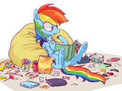 Size: 1110x832 | Tagged: safe, artist:nota_mano, imported from derpibooru, rainbow dash, pegasus, pony, 3ds, bean bag chair, beanbag chair, book, candy, cute, dashabetes, eating, eye clipping through hair, female, food, jewelry, lollipop, mare, messy, messy eating, necklace, no pupils, reading, sitting, snacks, soda, solo