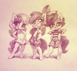 Size: 1911x1772 | Tagged: safe, artist:holivi, imported from derpibooru, apple bloom, scootaloo, sweetie belle, anthro, earth pony, pegasus, unguligrade anthro, unicorn, bow, clothes, cutie mark crusaders, dress, female, filly, hair bow, hand in pocket, hands in pockets, shirt, shorts, sketch, t-shirt, trio