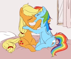 Size: 1158x966 | Tagged: safe, artist:nota_mano, imported from derpibooru, applejack, rainbow dash, earth pony, pegasus, pony, appledash, bed, duo, female, kiss on the lips, kissing, lesbian, mare, shipping, sitting