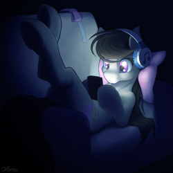 Size: 2000x2000 | Tagged: safe, artist:ohemo, imported from derpibooru, octavia melody, earth pony, pony, atg 2019, cellphone, couch, dark, eye clipping through hair, female, headphones, ipod, listening, mare, music, newbie artist training grounds, on back, phone, solo