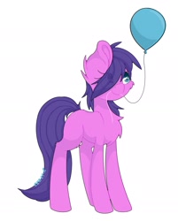 Size: 1757x2181 | Tagged: safe, artist:ezzerie, imported from derpibooru, oc, oc only, oc:jenny, earth pony, pony, balloon, chest fluff, eye clipping through hair, female, hair over one eye, mare, mouth hold, present, simple background, solo, white background