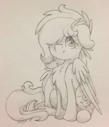 Size: 640x741 | Tagged: safe, artist:ezzerie, imported from derpibooru, oc, oc:wakeup call, pony, chest fluff, cute, fluffy, hair over one eye, hnnng, ocbetes, puppy dog eyes, sit, sketch, solo, traditional art