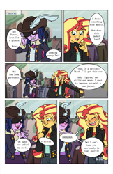 Size: 2650x4096 | Tagged: safe, artist:verumteednp, deleted from derpibooru, imported from derpibooru, sci-twi, sunset shimmer, twilight sparkle, comic:sparkling shimmer, equestria girls, blushing, chapter 3, clothes, comic, dialogue, eyepatch, eyes closed, female, hat, jacket, laughing, lesbian, open mouth, scitwishimmer, shipping, smiling, speech bubble, sunsetsparkle