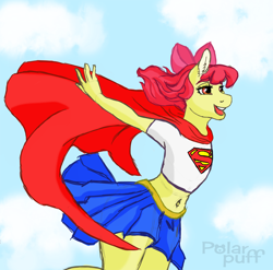 Size: 6000x5921 | Tagged: safe, artist:polar puff, imported from derpibooru, apple bloom, anthro, earth pony, belly button, bow, cape, clothes, cute, flying, hair bow, midriff, miniskirt, pleated skirt, skirt, skirt lift, sky, superfilly, supergirl