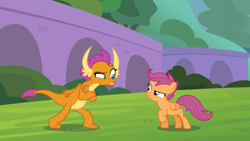 Size: 1920x1080 | Tagged: safe, artist:phucknuckl, imported from derpibooru, scootaloo, smolder, dragon, pegasus, pony, dragoness, duo, fake screencap, female, filly, i can't believe it's not hasbro studios, looking at each other, orange, raised eyebrow, similarities, stare down