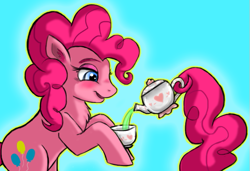 Size: 579x397 | Tagged: safe, artist:karnelia, imported from derpibooru, pinkie pie, earth pony, pony, chest fluff, cup, female, food, heart, how, mare, pinkie being pinkie, pouring, prehensile tail, simple background, solo, tail hold, tea, teacup, teapot