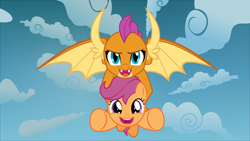 Size: 1920x1080 | Tagged: safe, artist:phucknuckl, imported from derpibooru, scootaloo, smolder, dragon, pegasus, pony, carrying, cute, cutealoo, dragoness, duo, female, filly, flying, friendship, holding a pony, scootaloo can fly, scootalove, sky, uplifting, wholesome