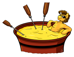 Size: 4505x3500 | Tagged: safe, artist:lupiarts, artist:snoopystallion, imported from derpibooru, cheese sandwich, armpits, cheese, chest fluff, collaboration, comic sins, digital art, fondue, food, funny, jacuzzi, relaxing, smiling, sunglasses