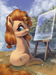 Size: 3000x4000 | Tagged: safe, artist:vanillaghosties, imported from derpibooru, pear butter, earth pony, pony, applejack's mom, atg 2019, brush, canvas, cute, female, freckles, grass, looking at you, mare, mouth hold, nature, newbie artist training grounds, outdoors, paintbrush, painting, scenery, sitting, solo, tree, water