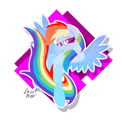 Size: 2572x2542 | Tagged: safe, artist:sweetbrew, imported from derpibooru, rainbow dash, pegasus, pony, abstract background, colored pupils, female, flying, hooves behind head, mare, solo, spread wings, sticker, wings