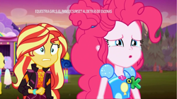 Size: 1280x719 | Tagged: safe, imported from derpibooru, screencap, pinkie pie, sunset shimmer, equestria girls, equestria girls series, sunset's backstage pass!, spoiler:eqg series (season 2), background human, crying, discovery kids, geode of sugar bombs, magical geodes, nostrils, sad, spanish, spanish text