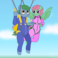 Size: 1000x1000 | Tagged: safe, artist:phallen1, imported from derpibooru, oc, oc:software patch, oc:windcatcher, anthro, unguligrade anthro, atg 2019, blushing, clothes, couple, flying, jumpsuit, newbie artist training grounds, parachute, sky, windpatch