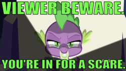 Size: 639x362 | Tagged: safe, edit, edited screencap, editor:undeadponysoldier, imported from derpibooru, screencap, spike, dragon, dungeons and discords, caption, castle, colored text, discovery family logo, evil, evil grin, flashlight (object), goosebumps, green text, grin, image macro, looking at you, male, meme, reference, smiling, solo, talking to viewer, text