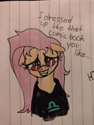 Size: 3456x4608 | Tagged: safe, artist:sharpi, imported from derpibooru, fluttershy, pony, female, homestuck, lined paper, solo, terezi pyrope, traditional art