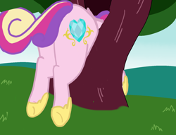 Size: 1280x977 | Tagged: safe, artist:/d/non, edit, imported from derpibooru, princess cadance, alicorn, pony, fat, female, lovebutt, mare, princess decadence, solo, stuck, the ass is monstrously oversized for tight entrance, tree, underhoof