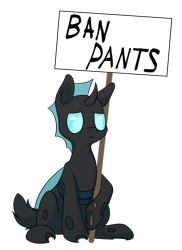 Size: 745x1024 | Tagged: safe, artist:senaelik, imported from derpibooru, changeling, blue changeling, cel shading, exploitable, shading, sign, simple background, sitting, solo, transparent background, we don't normally wear clothes