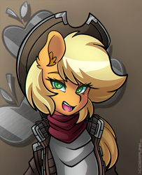 Size: 3000x3700 | Tagged: safe, artist:ciderpunk, imported from derpibooru, applejack, pony, bandana, bust, clothes, cutie mark background, cyberpunk, looking at you