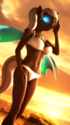 Size: 1080x1920 | Tagged: safe, artist:jacob_lhh3, imported from derpibooru, oc, oc only, oc:dragonfly, anthro, changeling, plantigrade anthro, 3d, belly button, bikini, changeling oc, clothes, female, glowing eyes, nexgen, ponytail, solo, source filmmaker, swimsuit, tattoo, wings