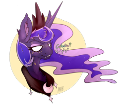 Size: 2000x1700 | Tagged: safe, artist:thegoodowl, imported from derpibooru, princess luna, alicorn, pony, horse play, bust, fangs, female, freckles, luna is not amused, solo, unamused
