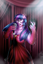 Size: 2000x3000 | Tagged: safe, artist:thegoodowl, imported from derpibooru, sci-twi, twilight sparkle, unicorn, equestria girls, breasts, busty twilight sparkle, clothes, dress, evening gloves, female, glasses, gloves, long gloves, lounge, lounge singer, solo