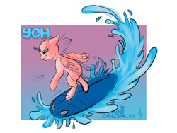 Size: 800x600 | Tagged: safe, imported from derpibooru, pony, advertisement, any gender, any species, auction, commission, full body, simple background, sketch, solo, surfboard, surfing, water, your character here