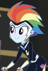 Size: 536x788 | Tagged: safe, imported from derpibooru, screencap, rainbow dash, zapp, equestria girls, movie magic, spoiler:eqg specials, alternate hairstyle, clothes, costume, cropped, cute, dashabetes, female, geode of super speed, grin, magical geodes, outfit, power ponies, smiling, solo, watermark