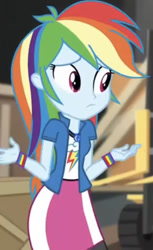 Size: 344x563 | Tagged: safe, imported from derpibooru, screencap, rainbow dash, equestria girls, movie magic, spoiler:eqg specials, clothes, compression shorts, cropped, cute, dashabetes, female, geode of super speed, jacket, magical geodes, shorts, shrug, skirt, solo, wristband