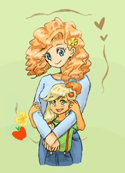 Size: 728x1004 | Tagged: safe, artist:puri__kyua, imported from derpibooru, applejack, pear butter, equestria girls, apple, cute, equestria girls-ified, female, flower, food, green background, heart, jackabetes, mother and daughter, pearabetes, pixiv, simple background, younger