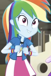 Size: 552x816 | Tagged: safe, imported from derpibooru, screencap, rainbow dash, sci-twi, twilight sparkle, equestria girls, movie magic, spoiler:eqg specials, clothes, compression shorts, cropped, cute, dashabetes, female, geode of super speed, jacket, magical geodes, offscreen character, shorts, skirt, solo focus, wristband