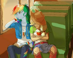 Size: 1082x872 | Tagged: safe, artist:puri__kyua, imported from derpibooru, applejack, rainbow dash, equestria girls, equestria girls series, appledash, applejack's hat, boots, bus, clothes, cowboy hat, female, hat, lesbian, pants, shipping, shirt, shoes, sleeping