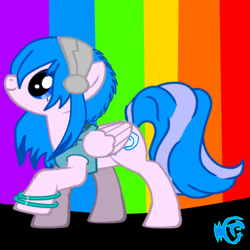 Size: 894x893 | Tagged: safe, artist:zandight, imported from derpibooru, oc, oc only, oc:zandight, pegasus, pony, pony creator, abstract background, bracelet, headphones, jewelry, looking up, rainbow, solo