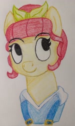 Size: 2421x4032 | Tagged: safe, artist:breeze the peryton, imported from derpibooru, torque wrench, earth pony, pony, rainbow roadtrip, art, bow, crayon drawing, crayons, drawing, overalls, photo, traditional art