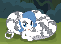 Size: 2200x1592 | Tagged: safe, artist:badumsquish, derpibooru exclusive, imported from derpibooru, oc, oc only, oc:theme, lamia, monster pony, original species, derpibooru, bedroom eyes, coils, derpibooru ponified, derpibooru theme illusion, dreamworks face, female, forest, illusion, lamiafied, looking at you, meta, mlem, monster mare, on side, ponified, reclining, side, silly, slit eyes, slit pupils, solo, species swap, tongue flick, tongue out