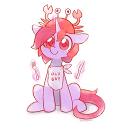 Size: 1855x1979 | Tagged: safe, artist:dawnfire, imported from derpibooru, oc, oc only, oc:dawnfire, pony, unicorn, bib, crab hat, fork, hat, knife, solo