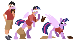 Size: 2560x1394 | Tagged: safe, artist:tf-sential, deleted from derpibooru, imported from derpibooru, twilight sparkle, oc, oc:acesential, alicorn, pony, book, human to pony, lineless, polo shirt, transformation, transgender transformation, twilight sparkle (alicorn)