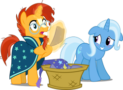 Size: 3240x2370 | Tagged: safe, artist:dashiesparkle, artist:dashiesparkle edit, artist:jeatz-axl, artist:lahirien, artist:pink1ejack, edit, imported from derpibooru, vector edit, sunburst, trixie, pony, unicorn, basket, blushing, clothes, coat markings, embarrassed, female, floppy ears, glasses, hat, laundry, laundry basket, magic, male, mare, nightcap, oops, raised hoof, robe, shocked, simple background, sockless sunburst, socks (coat marking), socks (coat markings), stallion, sunburst's cloak, sunburst's glasses, sunburst's robe, transparent background, trixie's nightcap, vector