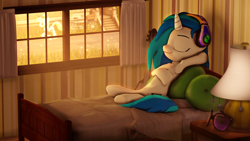 Size: 3840x2160 | Tagged: safe, artist:xppp1n, deleted from derpibooru, imported from derpibooru, derpy hooves, dj pon-3, vinyl scratch, pegasus, pony, unicorn, 3d, armpits, bed, female, headphones, lamp, mare, pillow, source filmmaker, wallpaper