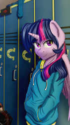 Size: 2160x3840 | Tagged: safe, artist:cluvry, imported from derpibooru, twilight sparkle, alicorn, anthro, clothes, female, hand in pocket, hands in pockets, high res, hoodie, lockers, school, schoolgirl, smiling, solo, twilight sparkle (alicorn)