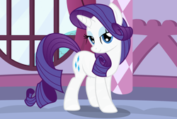 Size: 3272x2215 | Tagged: safe, artist:badumsquish, derpibooru exclusive, imported from derpibooru, rarity, original species, pony, unicorn, zebra, zebracorn, bedroom eyes, carousel boutique, day, derpibooru theme illusion, eyeliner, female, flirting, flirty, full moon, illusion, lidded eyes, looking at you, makeup, moon, night, quadrupedal, show accurate, smiling, solo, species swap, stars, were-zebra, window, zebrafied