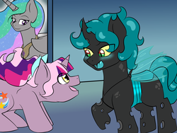 Size: 3200x2400 | Tagged: safe, artist:jolliapplegirl, imported from derpibooru, princess celestia, oc, oc:sirius veil, oc:toxic love, alicorn, changeling, earth pony, hybrid, pony, unicorn, blue changeling, colt, foal, magical lesbian spawn, male, next generation, offspring, parent:mane-iac, parent:princess celestia, parent:queen chrysalis, parent:twilight sparkle, parents:chrysiac, parents:mane-salis, parents:twilestia