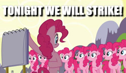 Size: 761x443 | Tagged: safe, edit, edited screencap, imported from derpibooru, screencap, pinkie pie, earth pony, pony, too many pinkie pies, caption, clone, clones, female, image macro, mare, multeity, plan, text, too much pink energy is dangerous