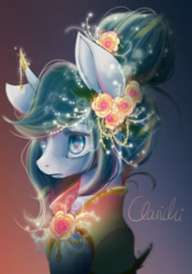 Size: 954x1364 | Tagged: safe, artist:clarichi, imported from derpibooru, oc, oc only, oc:silent love, pony, unicorn, bust, female, flower, flower in hair, jewelry, mare, portrait, solo