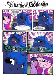 Size: 2550x3506 | Tagged: safe, artist:lupiarts, artist:snoopystallion, imported from derpibooru, princess cadance, princess luna, twilight sparkle, alicorn, pony, comic:epic battle of the goddesses, burp, burping contest, collaboration, comic, competition, expressions, female, floppy ears, funny, laughing, majestic as fuck, mare, twilight sparkle (alicorn), wavy mouth, ye olde butcherede englishe