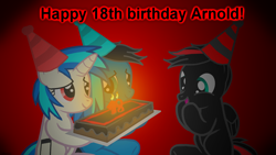 Size: 3840x2160 | Tagged: safe, artist:agkandphotomaker2000, imported from derpibooru, dj pon-3, vinyl scratch, oc, oc:arnold the pony, oc:pony video maker, pegasus, pony, unicorn, birthday cake, cake, candle, food, hat, number shaped candles, party hat, red and black mane, red and black oc
