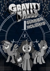Size: 752x1063 | Tagged: safe, artist:radioaxi, artist:reterica, imported from derpibooru, oc, pegasus, pony, unicorn, comic:gravity falls summer holidays, book, comic, crossover, gravity falls, monochrome, trio