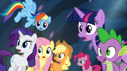 Size: 1278x720 | Tagged: safe, imported from derpibooru, screencap, applejack, fluttershy, pinkie pie, rainbow dash, rarity, spike, twilight sparkle, alicorn, dragon, earth pony, pegasus, pony, unicorn, twilight's kingdom, female, jaw drop, male, mane seven, mane six, mare, one of these things is not like the others, twilight sparkle (alicorn)